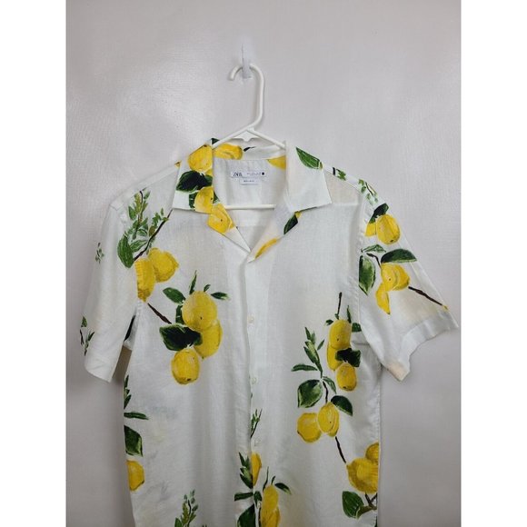 Zara Mens Shirt Size Large White Yellow Lemon Print Short Sleeve Regular Fit Top - Picture 2 of 5